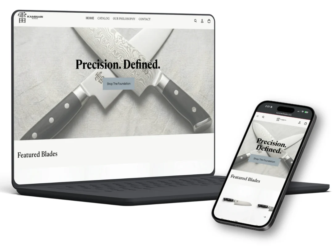 Kaminari Blades knife store shown on a laptop and a phone