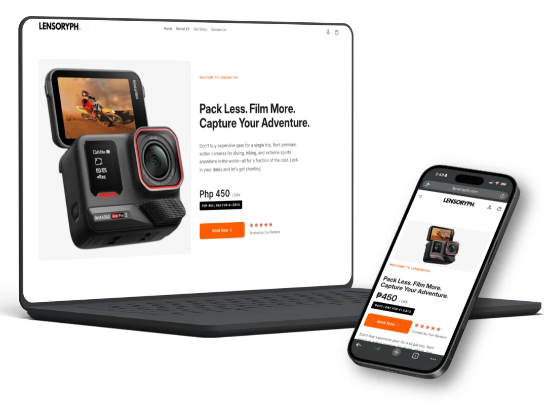 LensoryPH camera rental store shown on a laptop and a phone